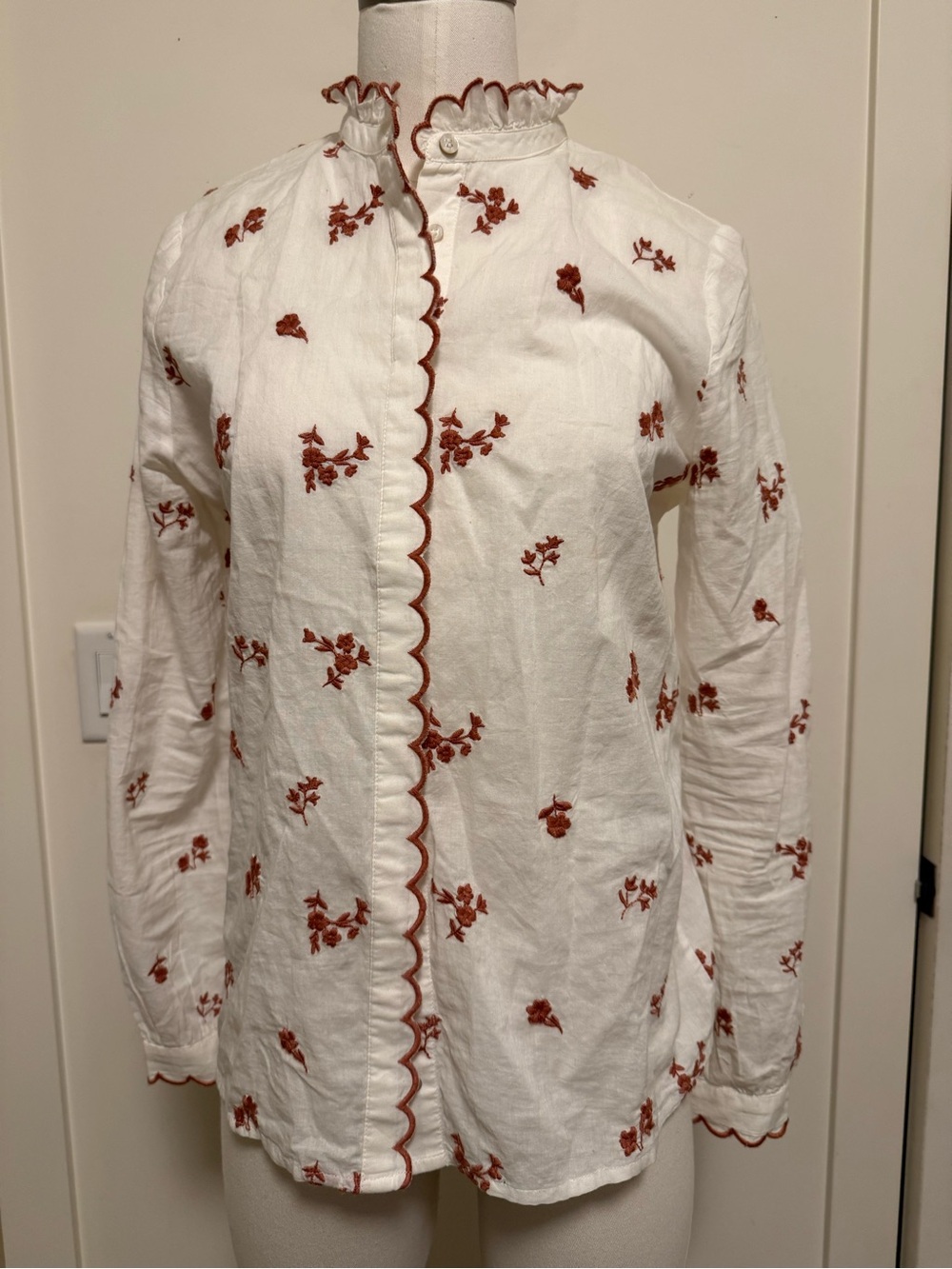 Sezane White Blouse with Rust Floral Embroidery